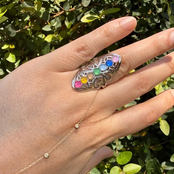 Multi-Gemstone Silver Tone Chakra Ring - Picture 5 of 7